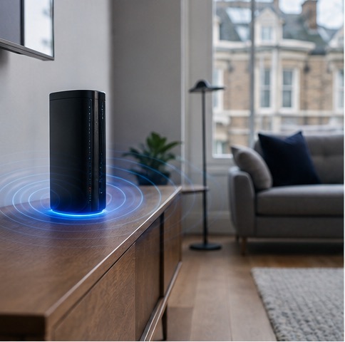 A home router on a wooden cabinet